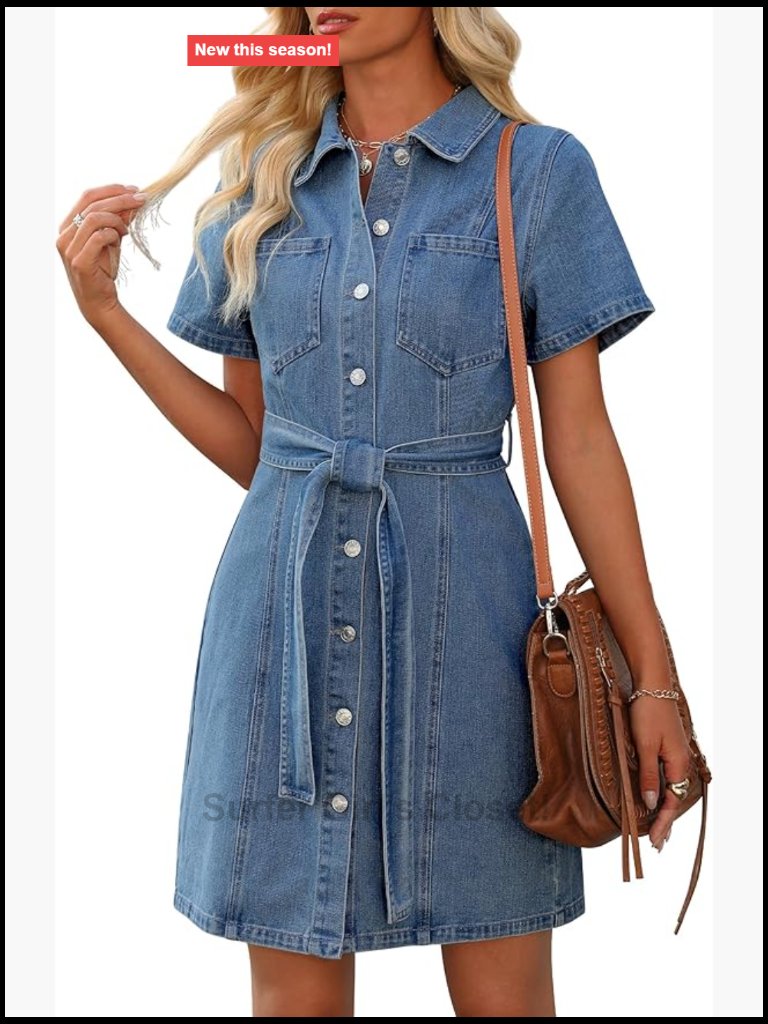 Short Sleeve Denim Dress Button Down With Pocket Belt